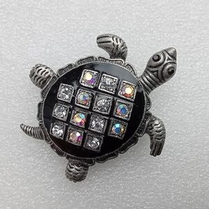 Vintage Silver and Black Turtle Brooch with Clear Rhinestones & AB Crystals